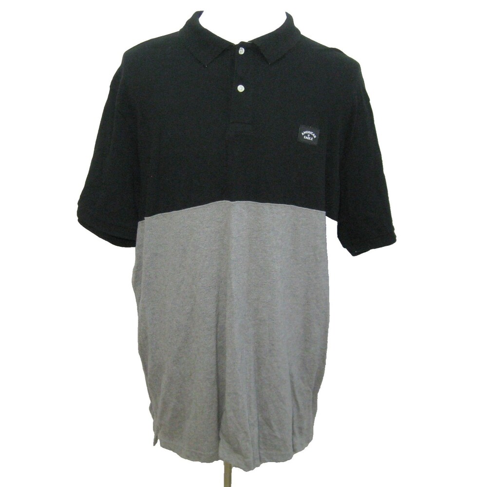 AMERICAN EAGLE Men's (Size 2XL) Gray Black Short Sleeve Logo Knit Polo Shirt Top